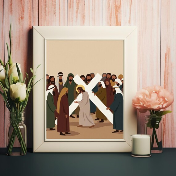 Jesus Christ Holding The Cross Halo Crowd Earth Tones Faith Poster