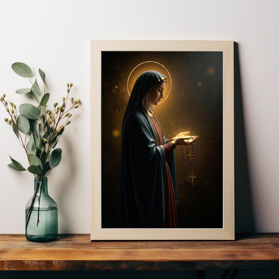 Virgin Mary With Rosary Golden Halo Dark Cinematic Religious Art Poster