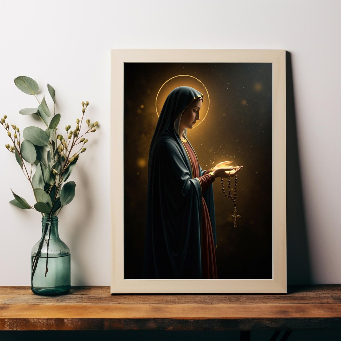 Virgin Mary With Rosary Golden Halo Dark Cinematic Religious Art Poster