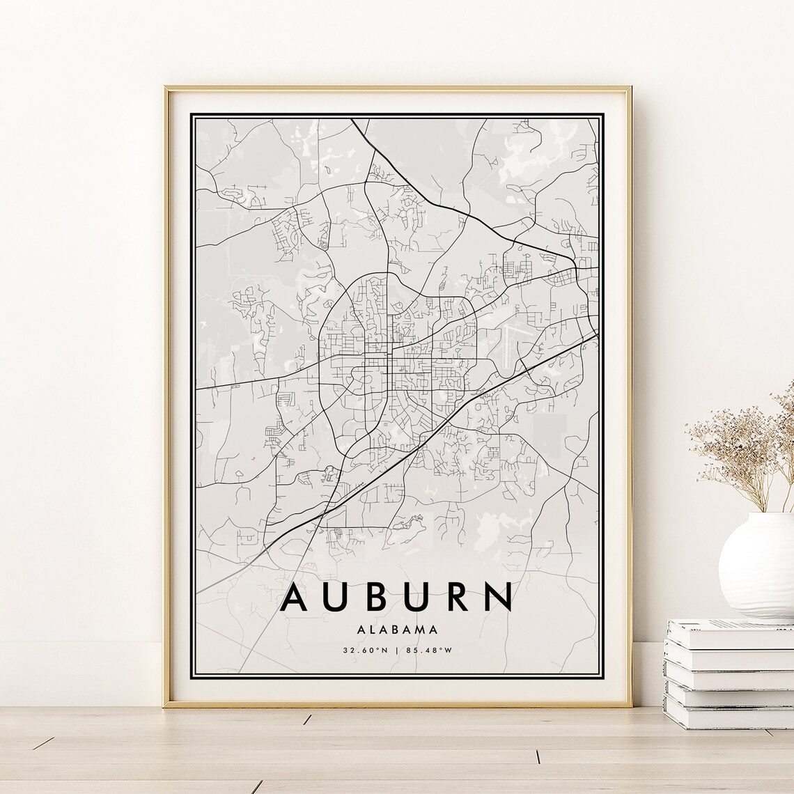 Auburn Alabama Minimalist City Map Black and White Street Line Poster