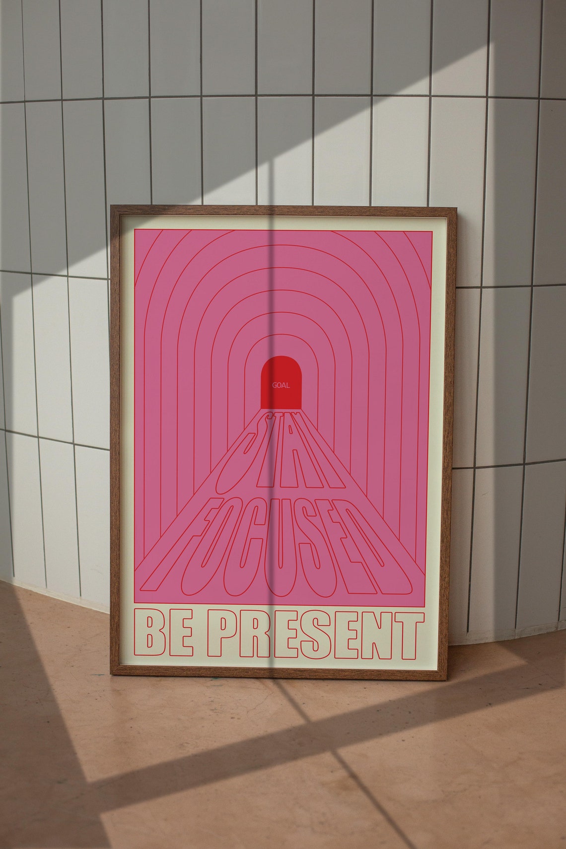 Stay Focused Be Present Pink Retro Arch Tunnel Typography Poster - Image 5
