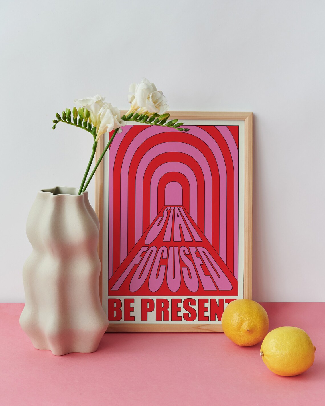 Stay Focused Be Present Red Pink Retro Tunnel Typography Art Poster - Image 3