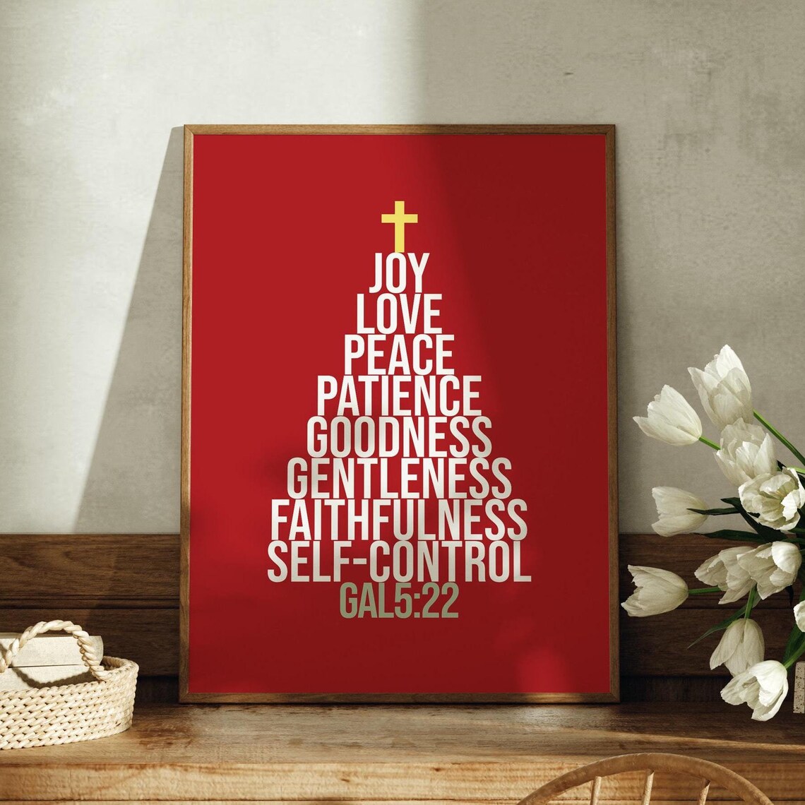 Fruits Of The Spirit Galatians 5:22 Scripture Christmas Tree Red Poster