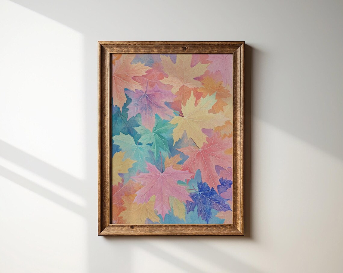 Pastel Autumn Maple Leaves in Pink Blue and Gold Pattern Poster