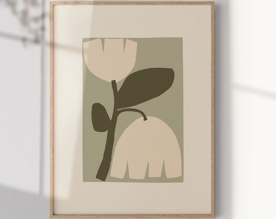 Sage Green Flower Print, Minimalist Botanical Art