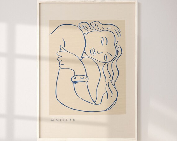 Matisse Sleeping Woman Line Art Poster In Blue On Beige Background