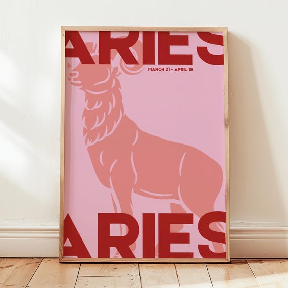 Aries Zodiac Print Astrology Wall Art Star Sign Poster Horoscope Gift Red And Modern Decor Typography Eclectic Trendy
