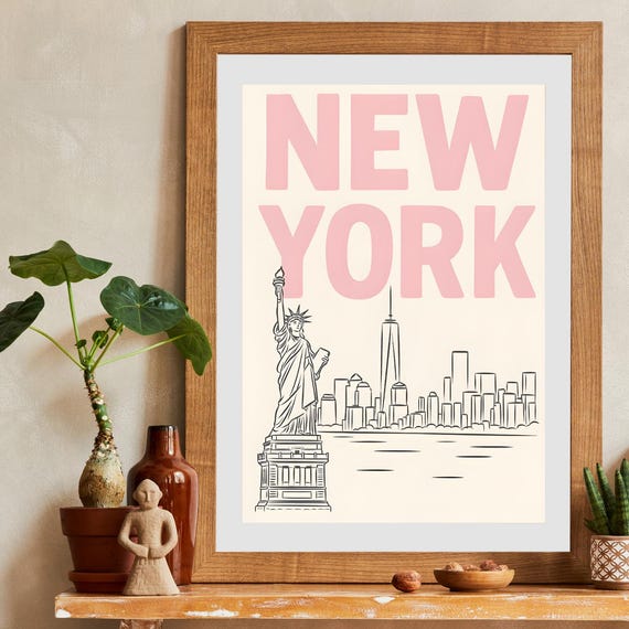 Pink Nyc Skyline Print Minimalist Girly Dorm Art