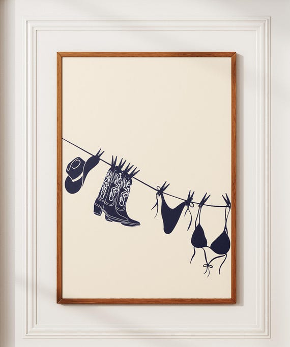 Bikini Art Print Navy Beach Illustration Hanging Poster Bathing Suit Coastal Cowgirl Ocean Girl Gift