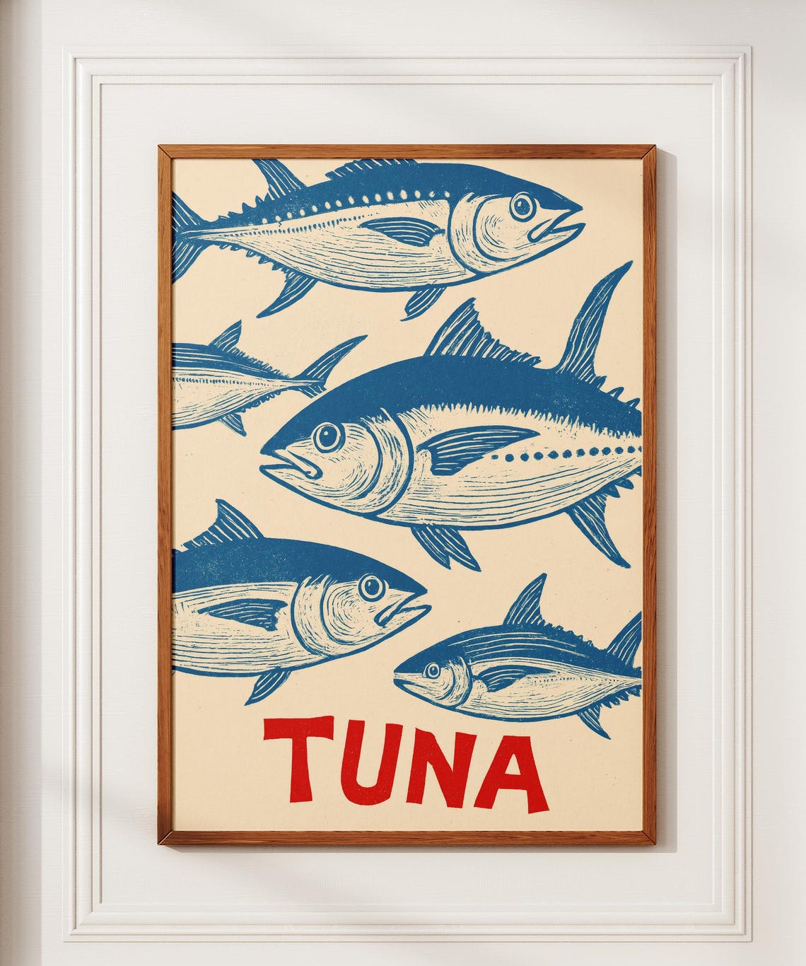 Blue Tuna Fish Linocut Bold Red Lettering Retro Kitchen Wall Art