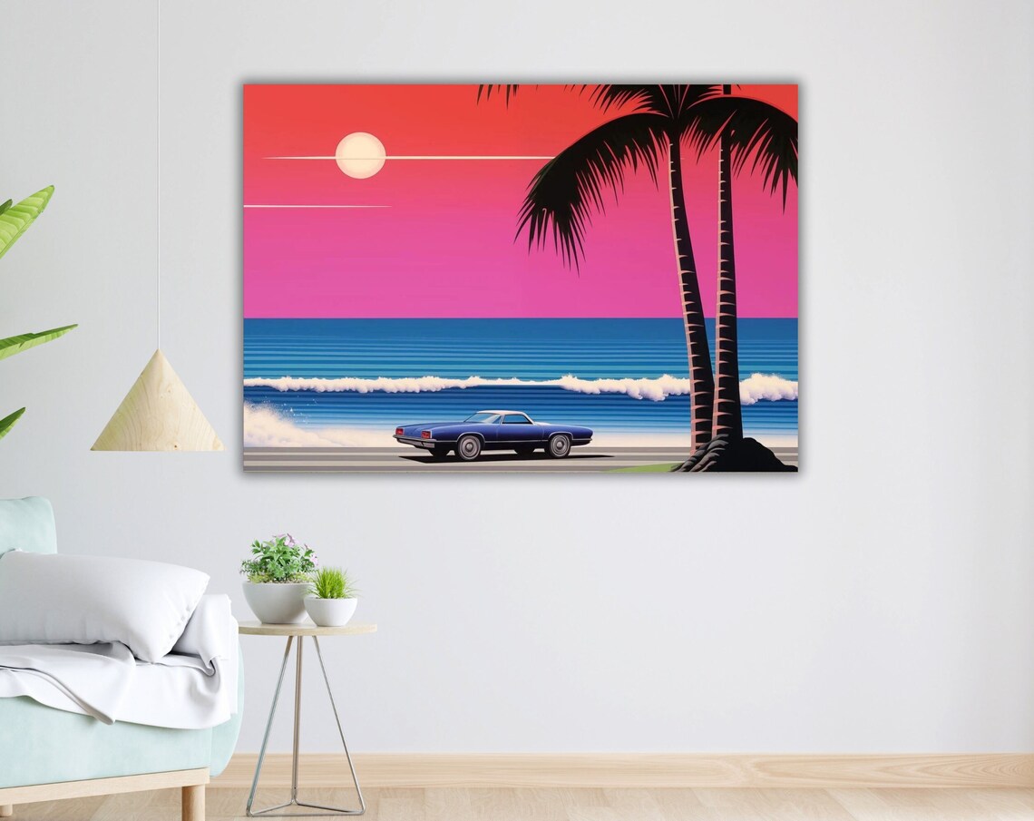Retro Classic Car Tropical Beach Palm Trees Sunset Drive Poster