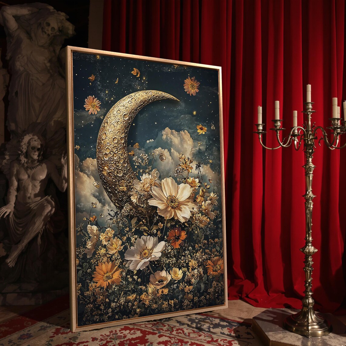 Golden Crescent Moon Wildflower Meadow Clouds Starry Night Surreal Wall Art - Image 4