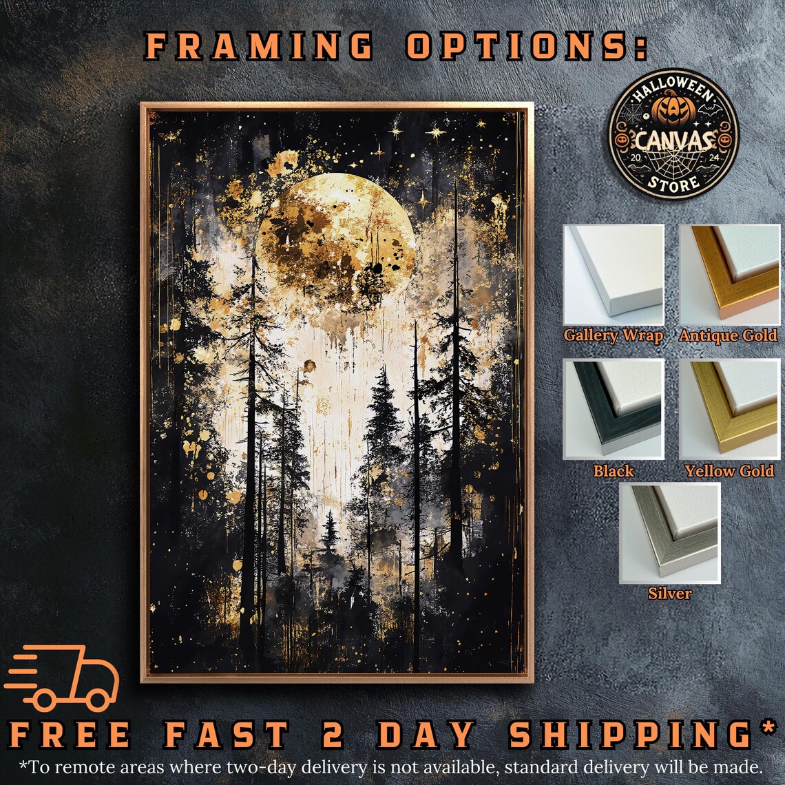 Gold Full Moon Rising Over Dark Pine Forest Mystical Surreal Night Poster - Image 5