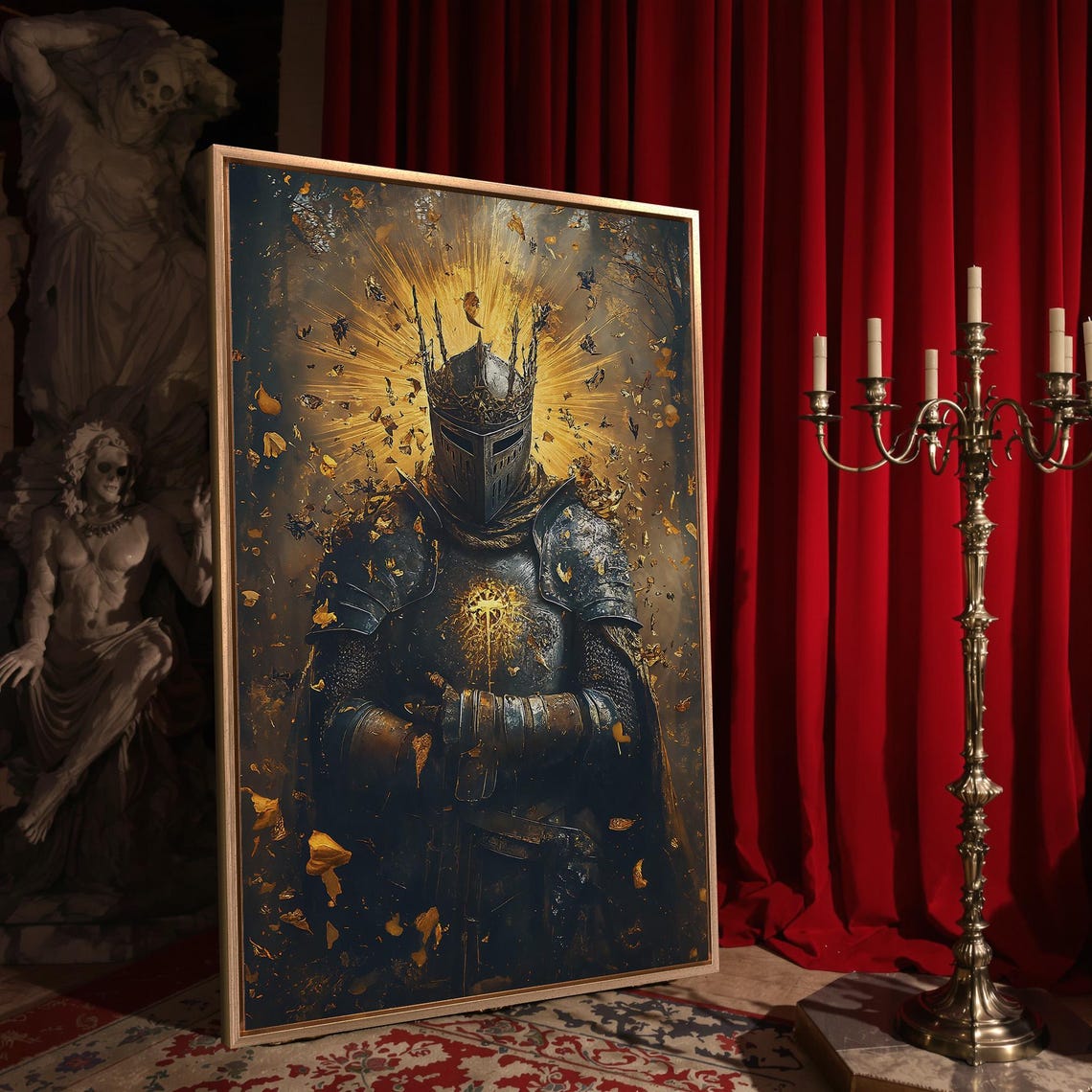Crowned Knight In Armor Golden Leaves Medieval Warrior Art Poster - Image 4