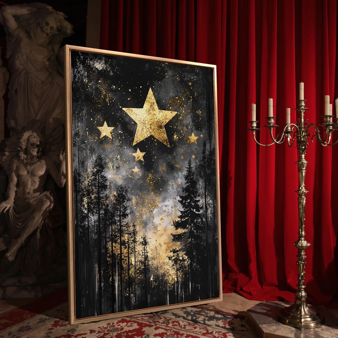 Golden Stars Above Dark Pine Forest Night Sky Painting Poster - Image 4