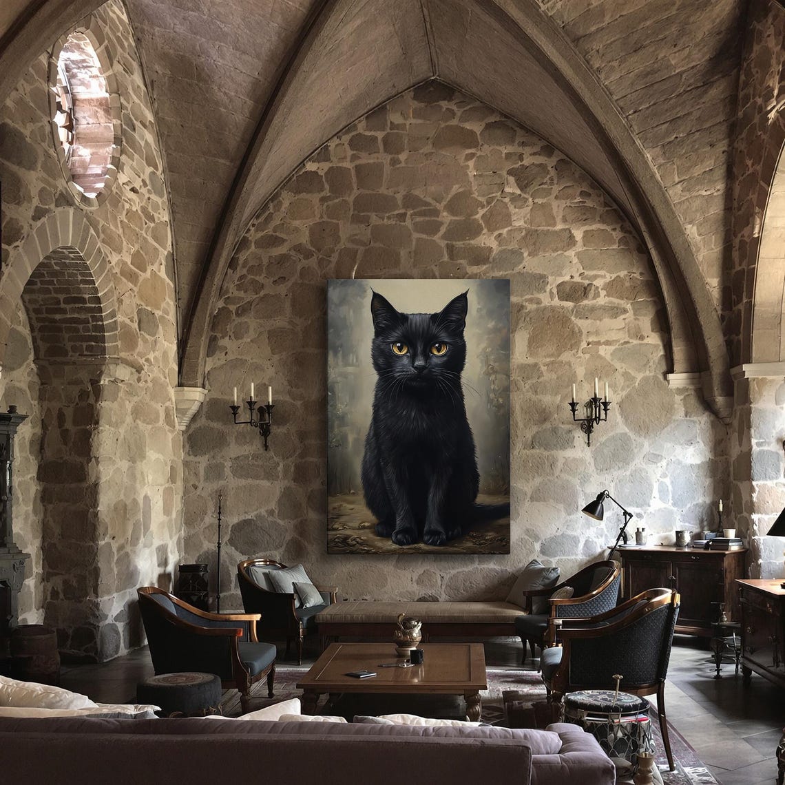 Black Cat With Amber Eyes Sitting Portrait Gothic Painting Poster - Image 3