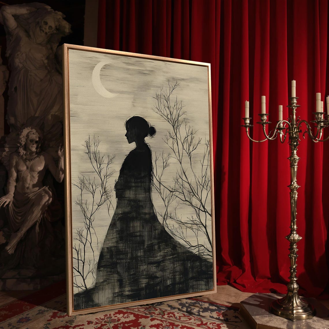 Gothic Woman in Flowing Gown Silhouette Under Crescent Moon Poster - Image 4