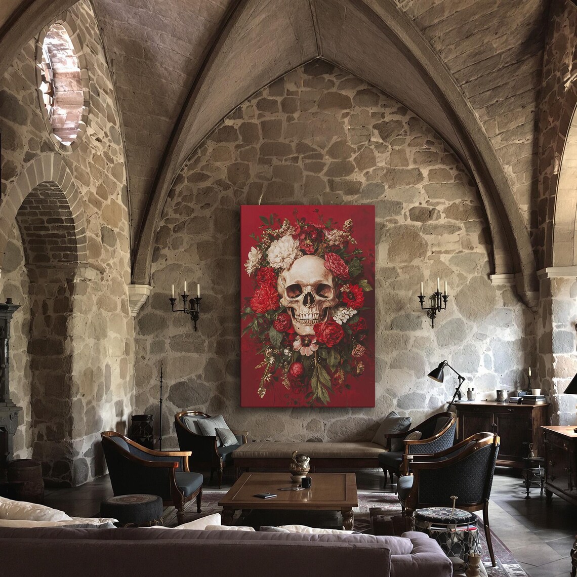 Skull Crowned With Red And White Flowers Deep Red Gothic Floral Dark Poster - Image 3