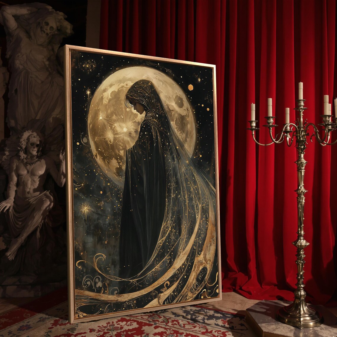 Mystical Veiled Woman Full Moon Silhouette Starry Night Gothic Celestial Poster - Image 4