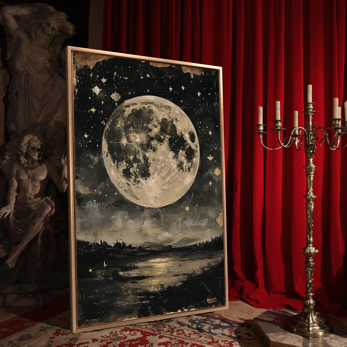 Giant Full Moon Over Misty River Landscape Gold Stars Dark Night Poster - Image 4
