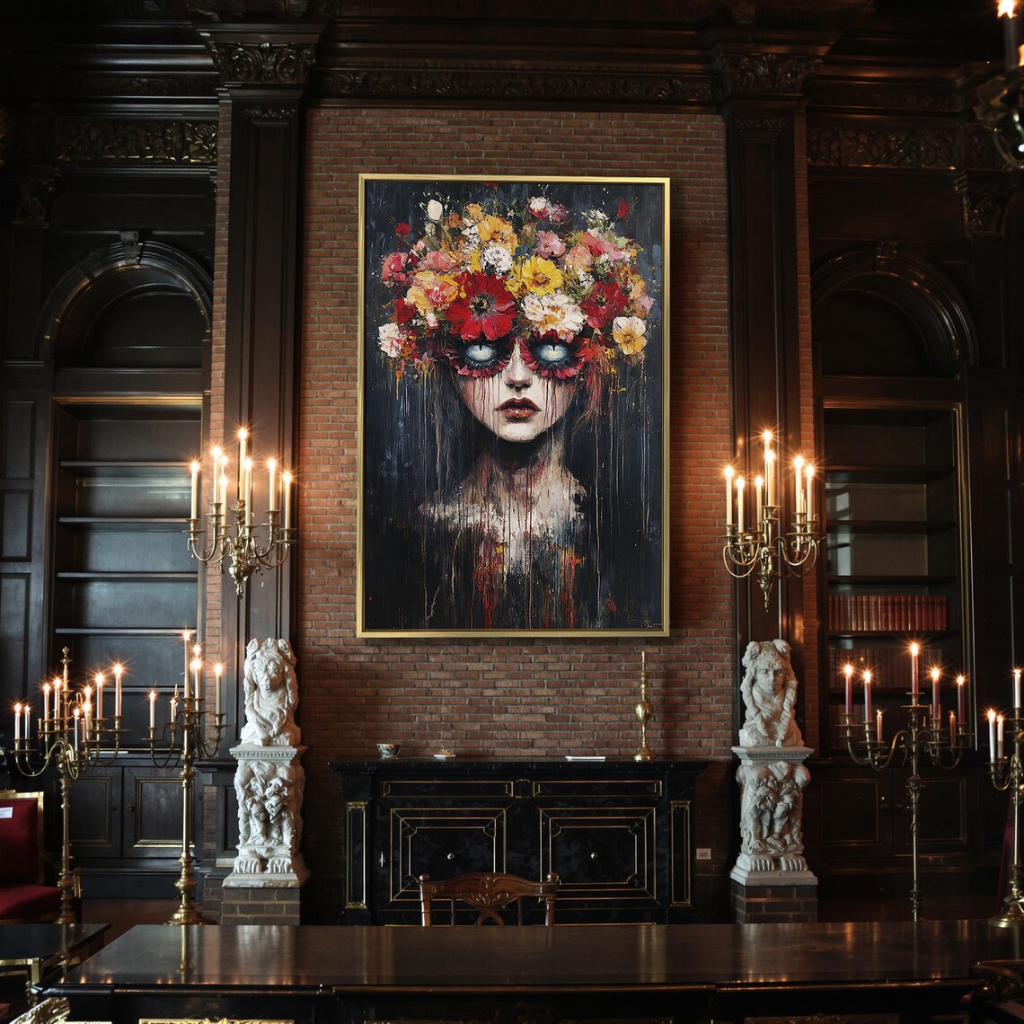 Surreal Floral Woman Portrait Glowing Eyes Dark Gothic Surrealism Wall Art - Image 2
