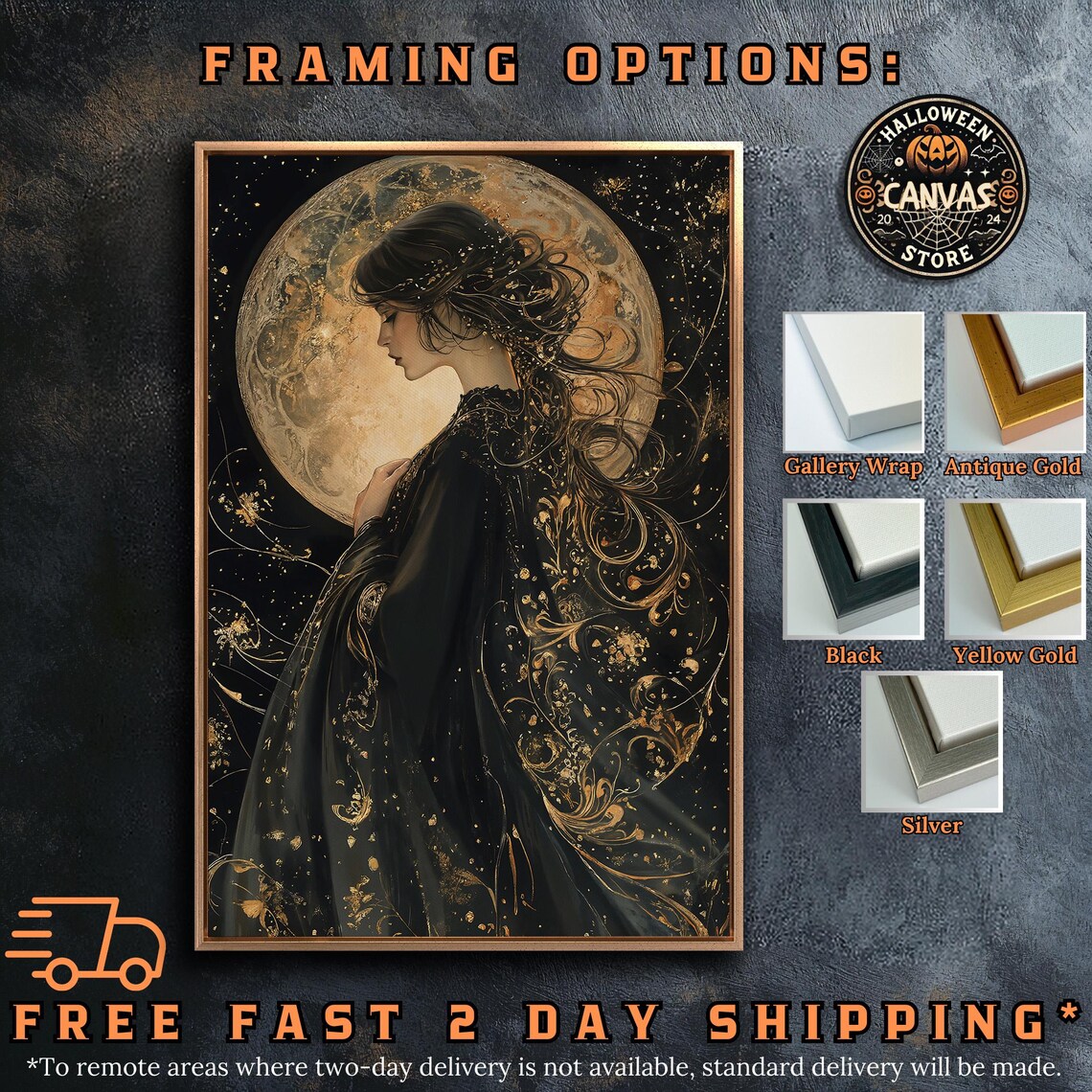 Elegant Woman In Black Dress Before Giant Gold Moon Dark Goddess Poster - Image 5