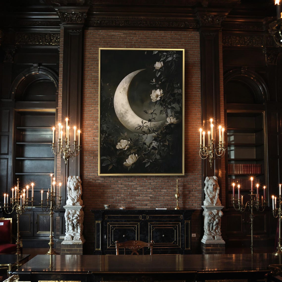 White Crescent Moon Among Dark Roses Celestial Gothic Night Sky Poster - Image 2