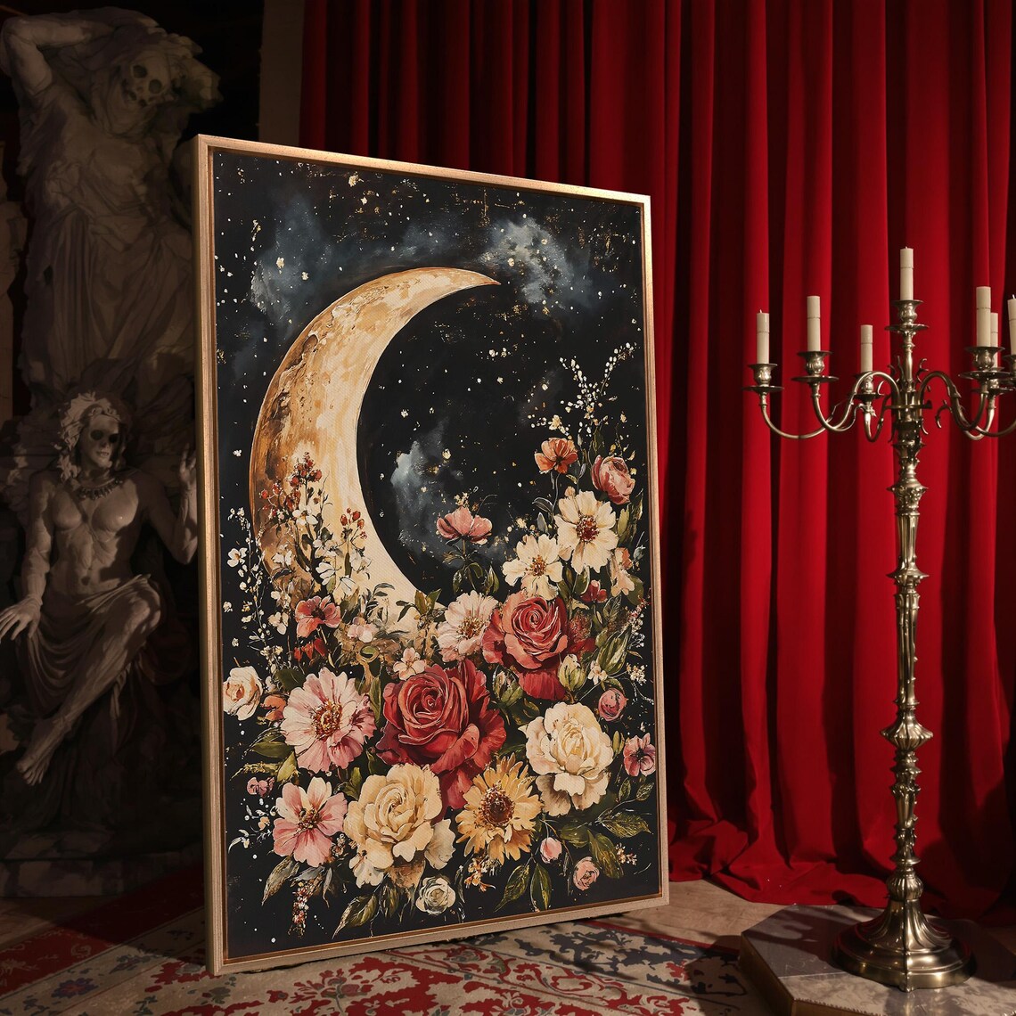 Crescent Moon Blooming Flowers Starry Night Celestial Dark Botanical Wall Poster - Image 4
