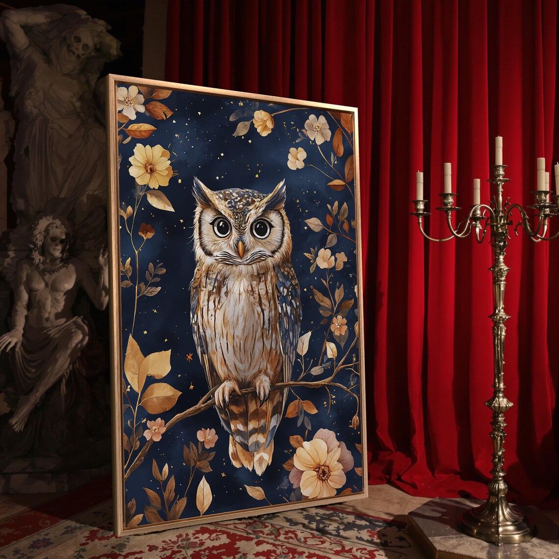 Cute Owl With Big Eyes On Branch Among Golden Flowers Night Sky Poster - Image 4