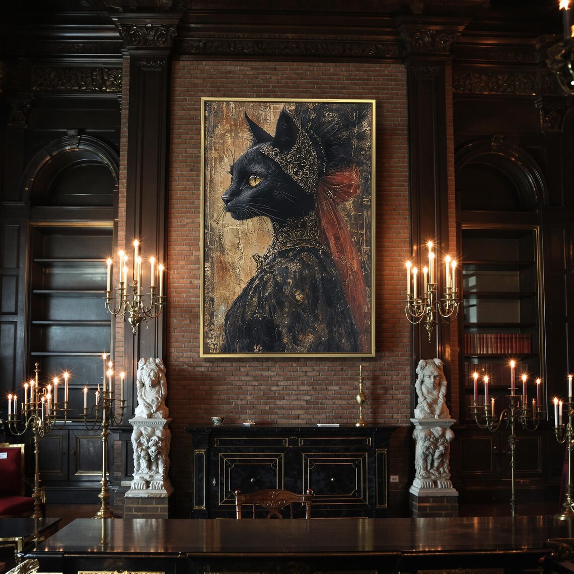 Black Cat In Golden Headdress Red Veil Gothic Feline Portrait Poster - Image 2