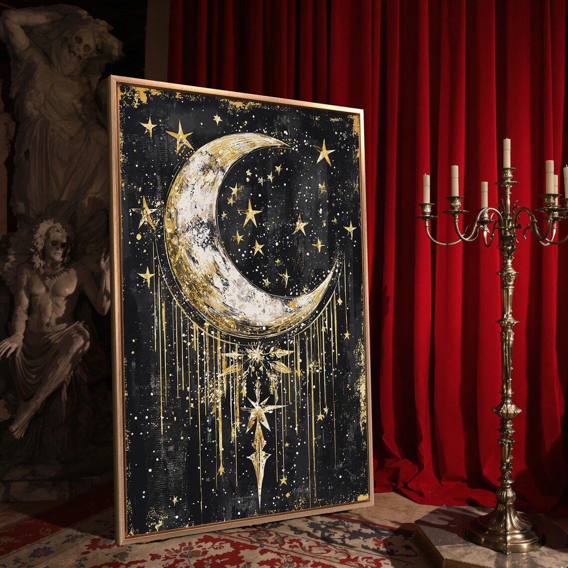 Crescent Moon Dripping Gold Stars Gothic Celestial Black Night Wall Art Poster - Image 4