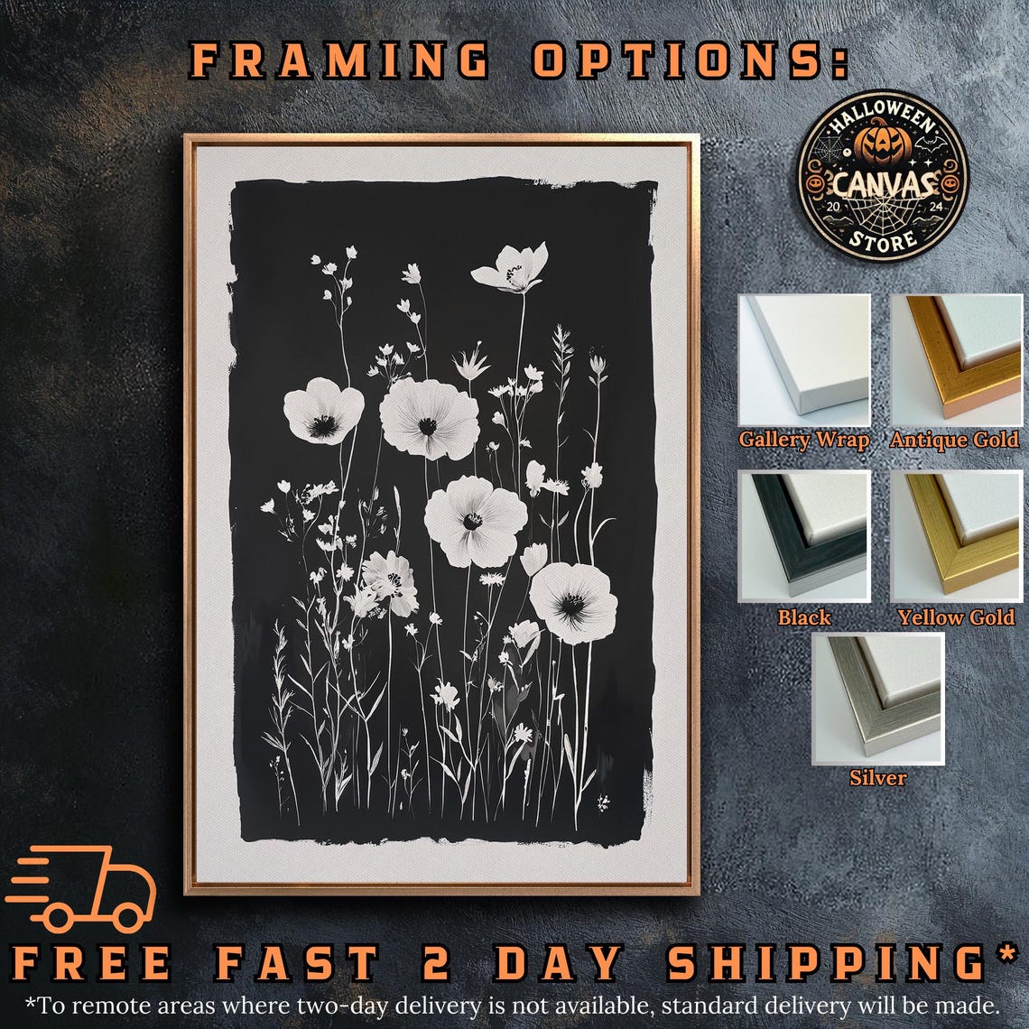 Monochrome White Wildflowers On Black Minimalist Botanical Art Poster - Image 5