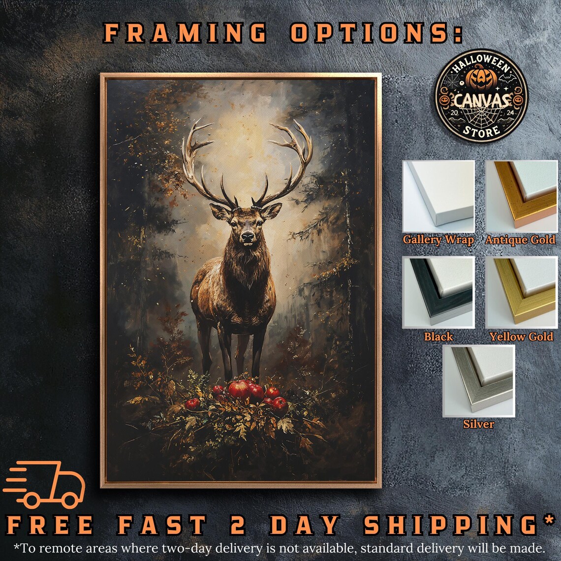 Majestic Stag Among Red Apples In Misty Vintage Forest Painting Poster - Image 5