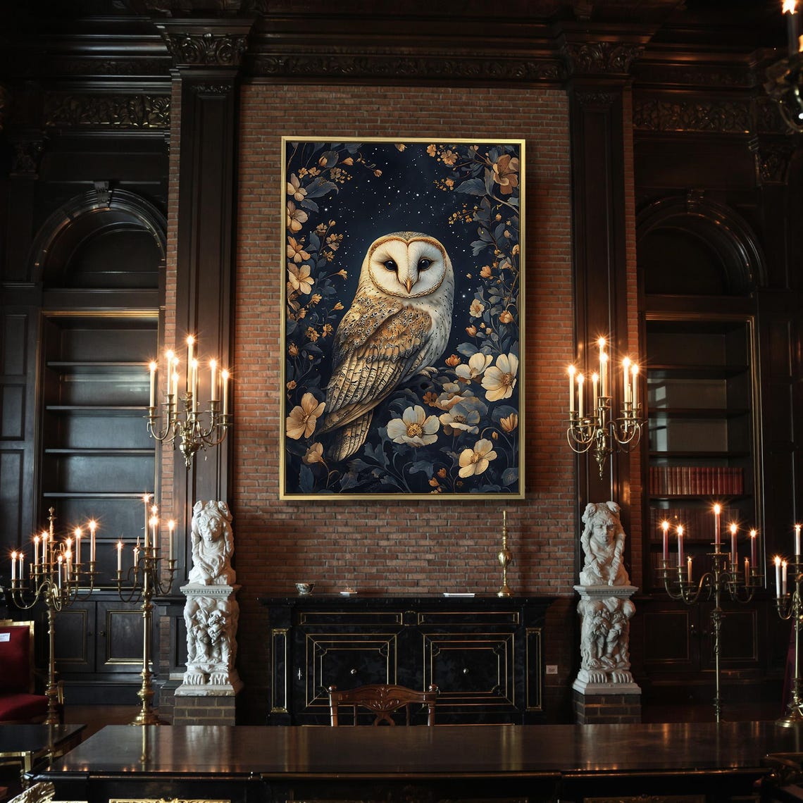 Barn Owl Among Night Blooms Dark Moonlit Starry Botanical Art Poster - Image 2