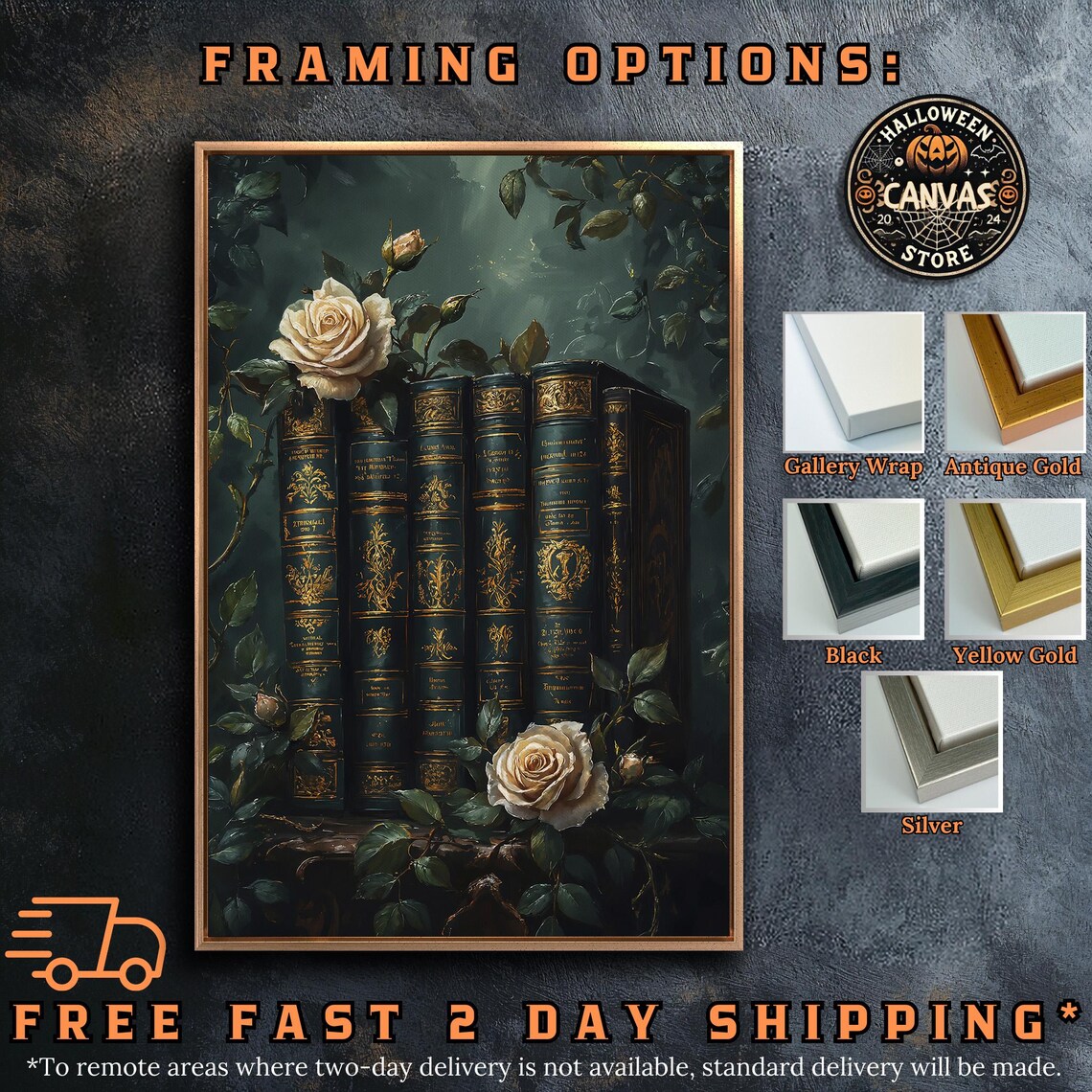 Dark Antique Books White Roses Moody Botanical Vintage Library Wall Poster - Image 5