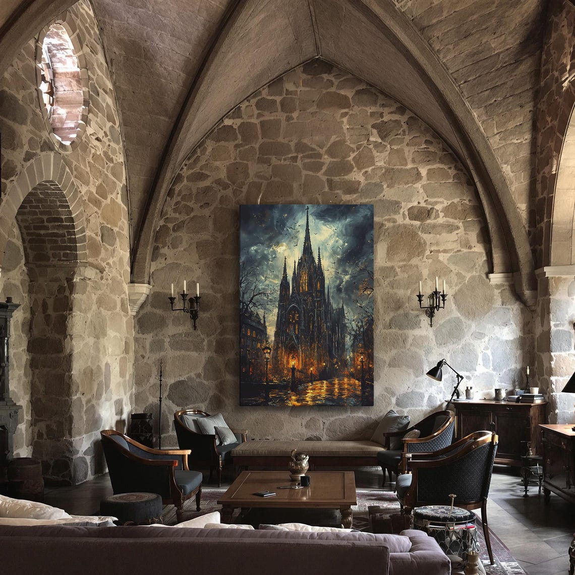 Gothic Cathedral And Dramatic Sky Print Mysterious Night Street Decor Dark Architecture Eerie Poster Ready To Hang Framed Wall Art - Image 3