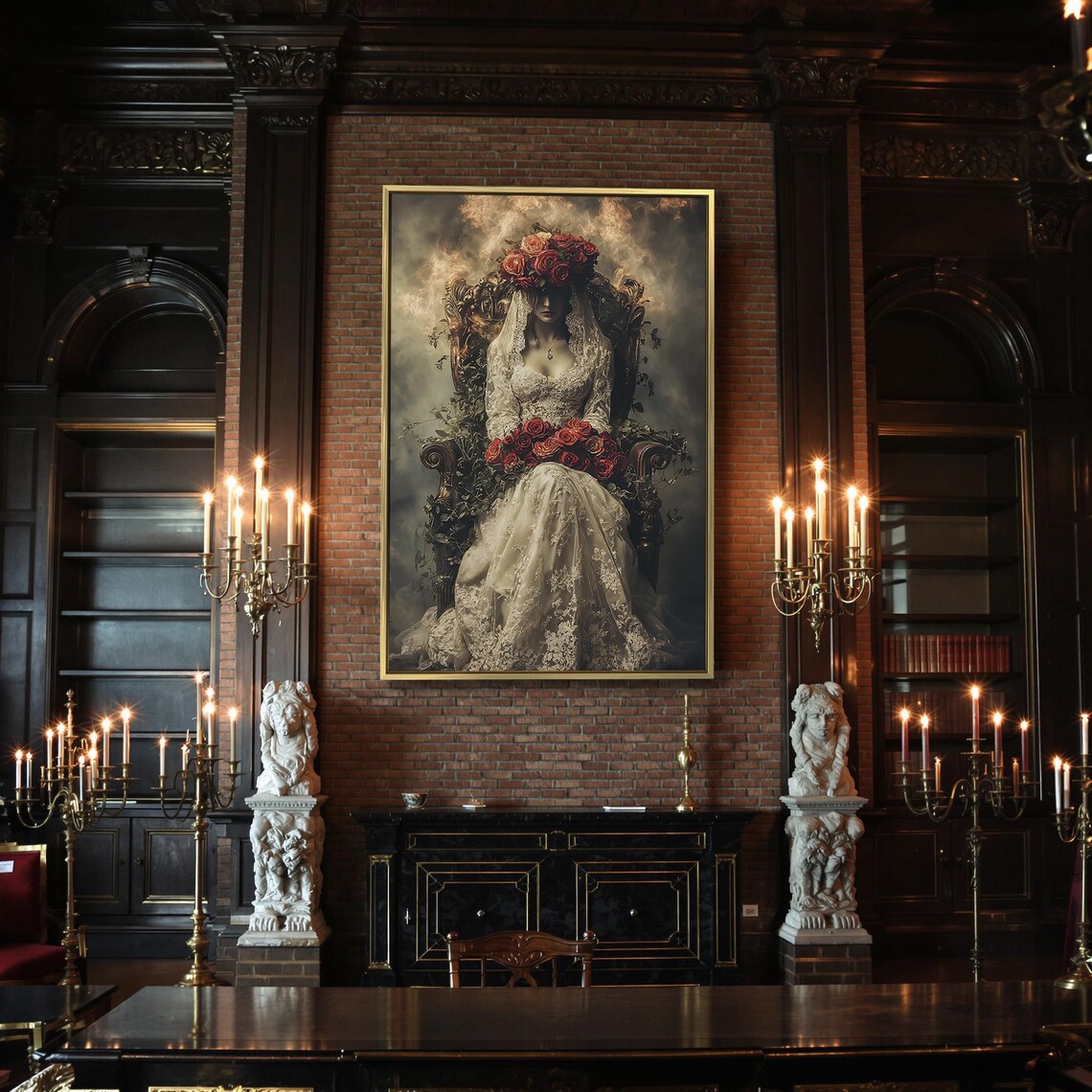 Macabre Bride White Lace Gown Red Roses Throne Dark Gothic Romance Wall Art - Image 2
