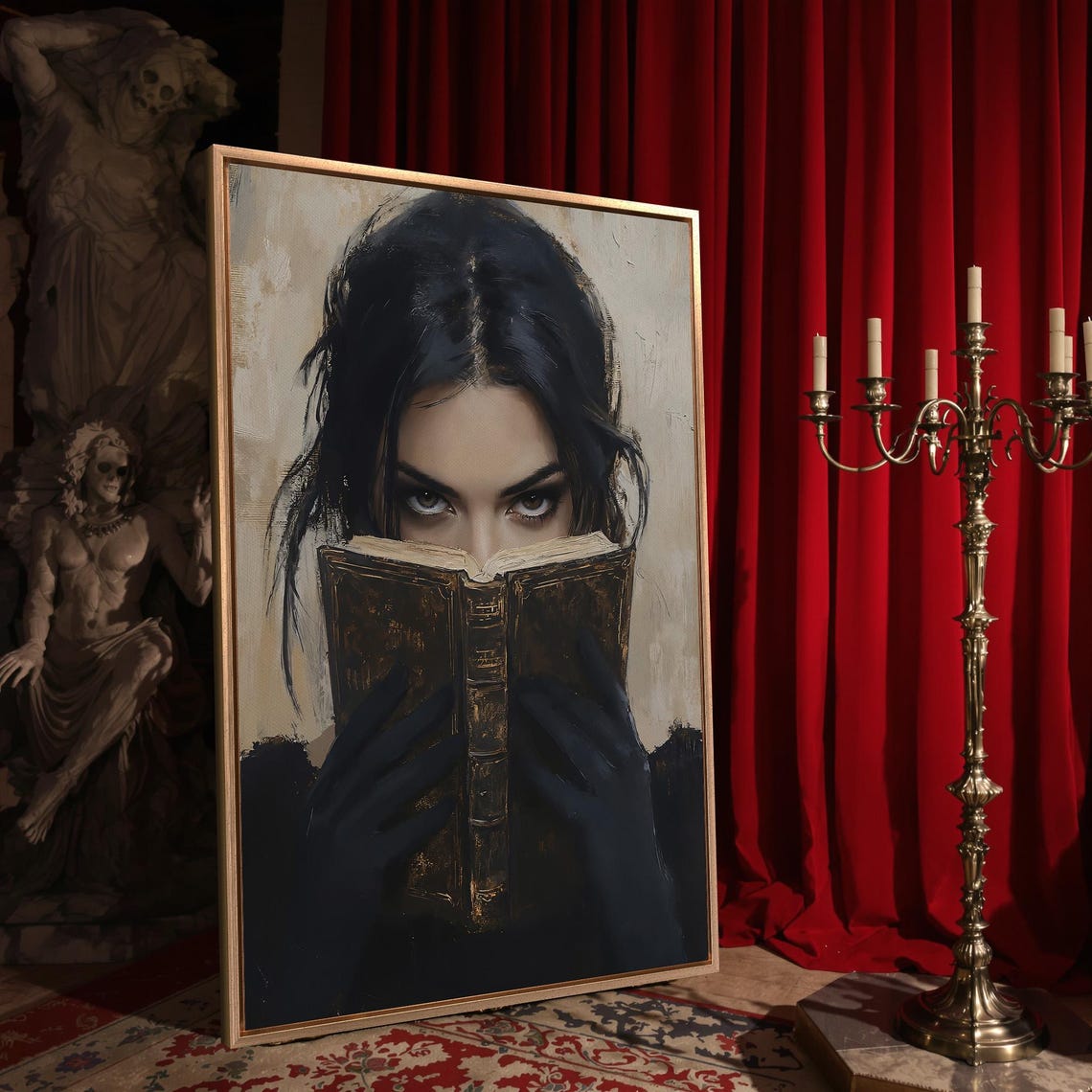 Mysterious Woman Reading Dark Book Print Dark Novel Reader Decor Gothic Dark Cottagecore Poster Ready To Hang Framed Wall Art - Image 4