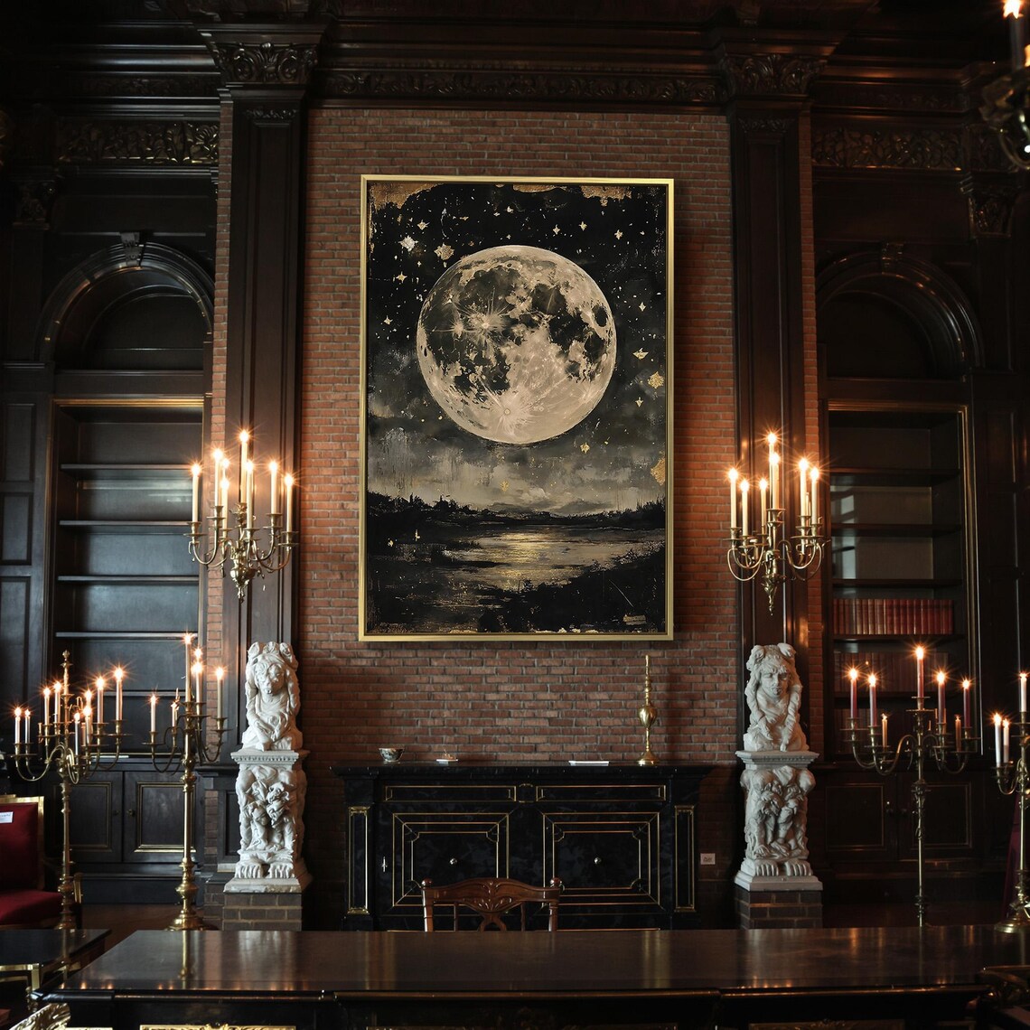 Giant Full Moon Over Misty River Landscape Gold Stars Dark Night Poster - Image 2