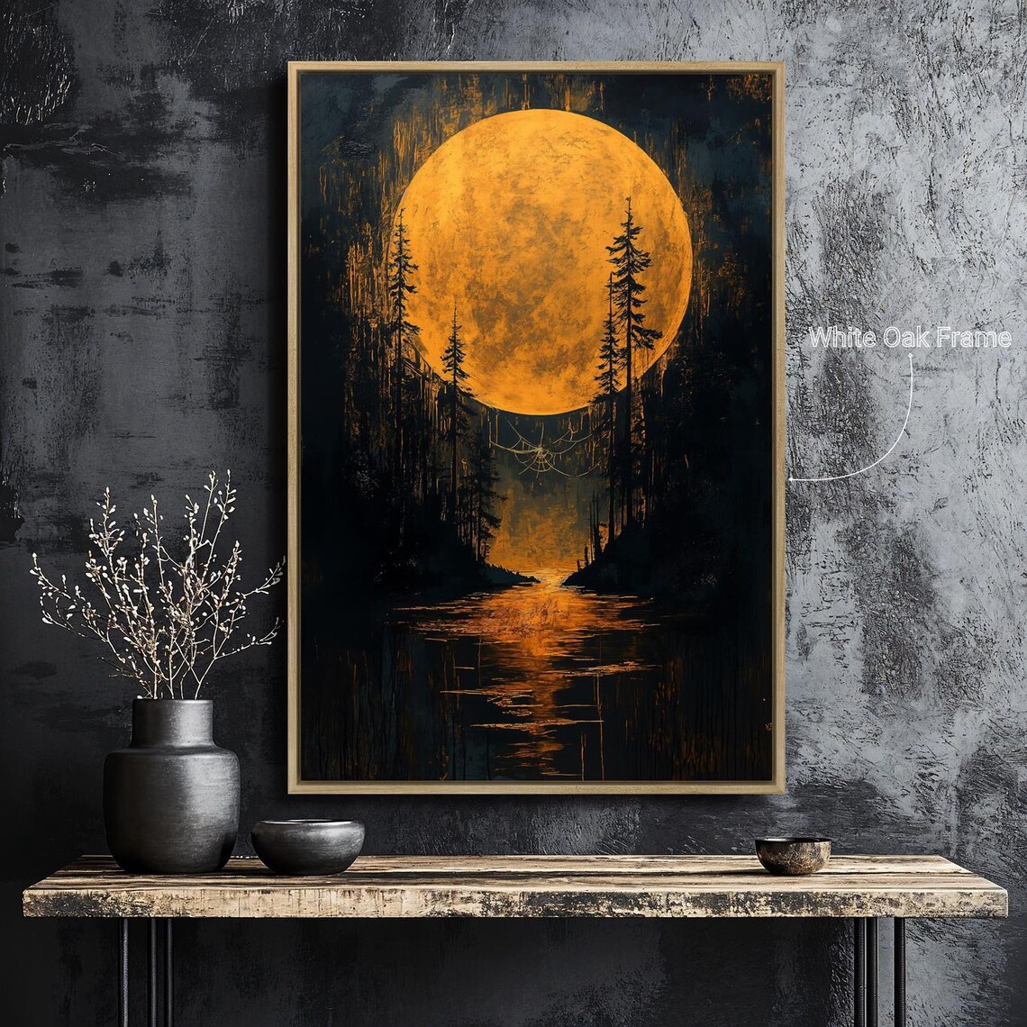 Harvest Moon Over Dark Forest River Orange Night Spooky Halloween Wall Poster - Image 4