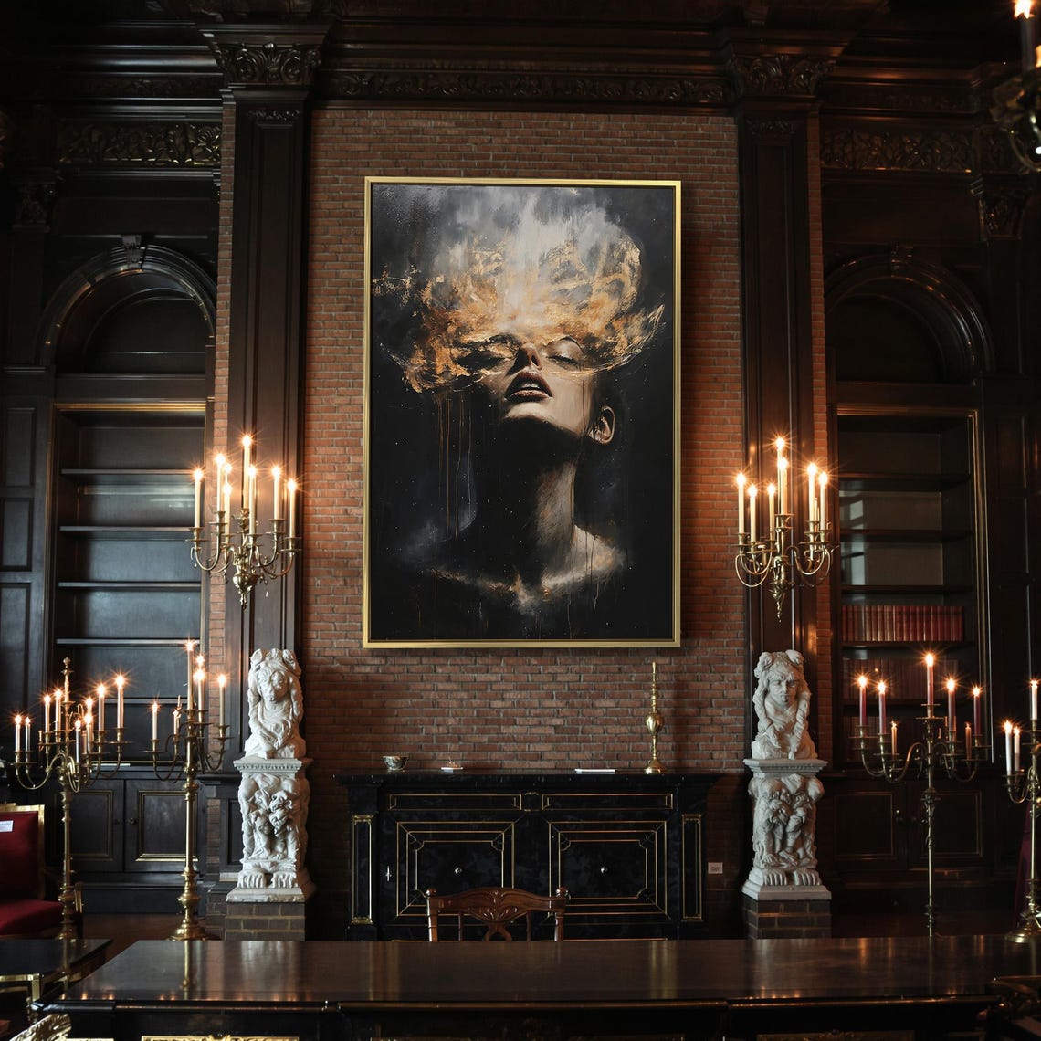 Woman Face Dissolving Into Golden Mist Dark Ethereal Art Poster - Image 2