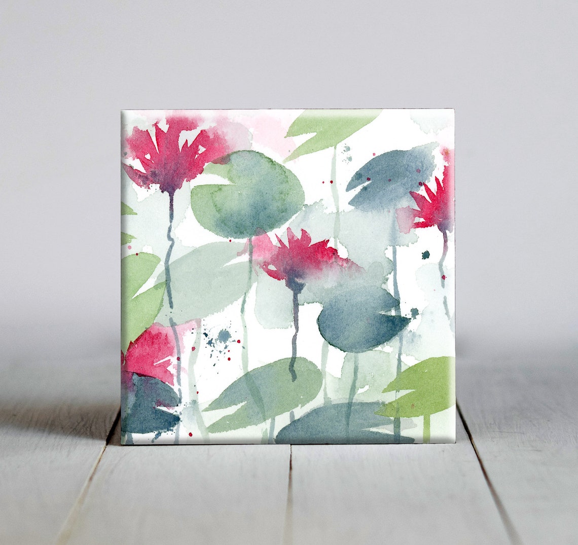 Water Lily Blossoms Watercolor Botanical Ceramic Tile Wall Art