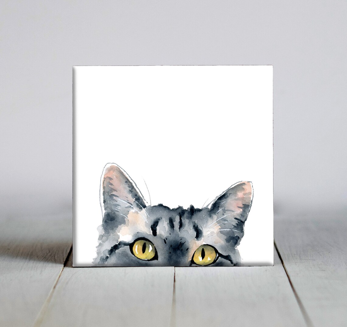 Mischievous Tabby Cat Peeking Over Edge with Golden Eyes Playful Funny Watercolor Poster