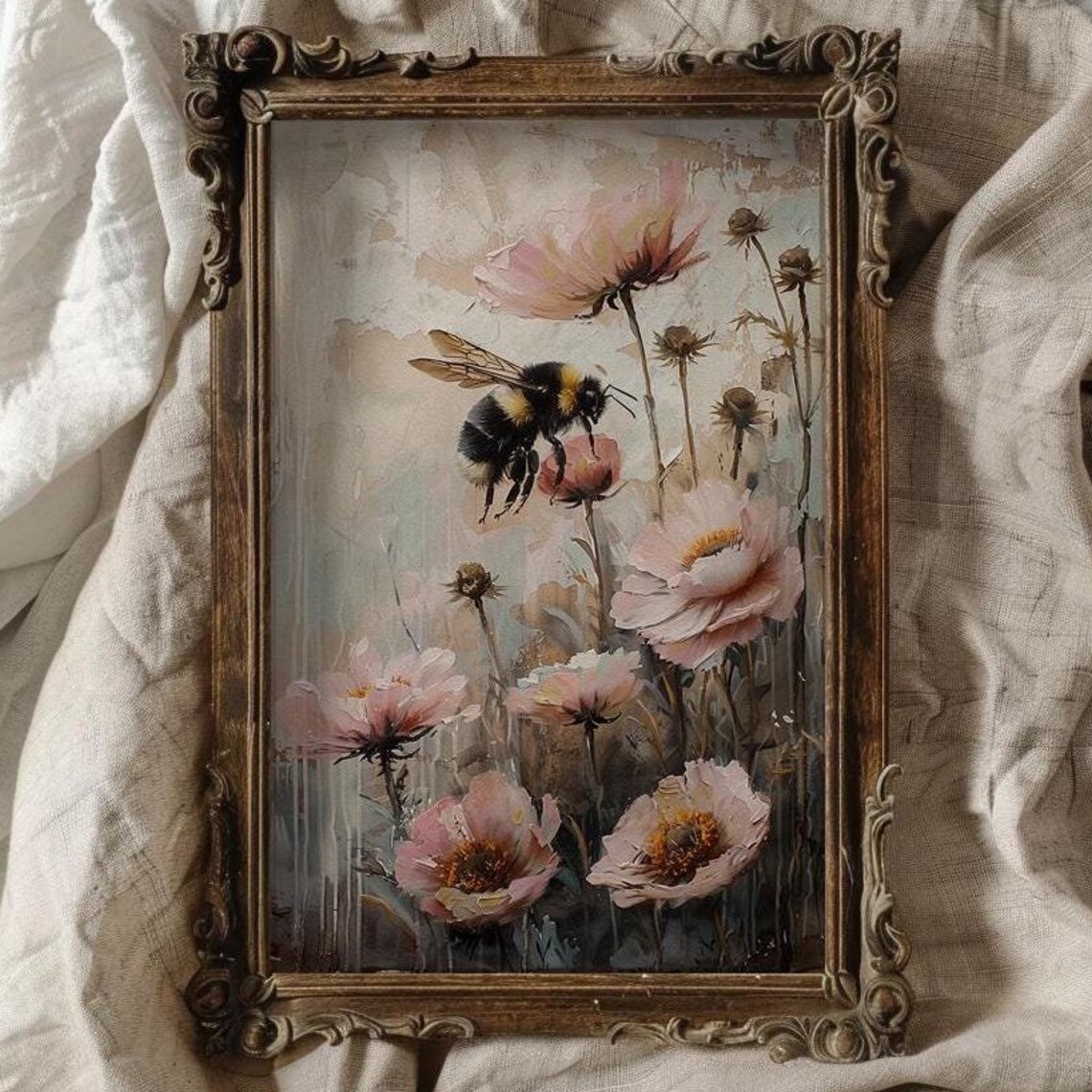 Vintage Bumblebee Among Pink Wildflowers Botanical Oil Painting Poster