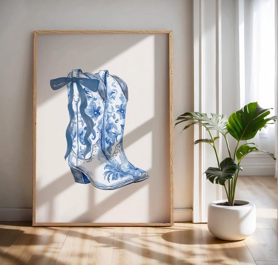 Chinoiserie Cowgirl Boot Print Blue Western Room Decor Cowgirl Wall Art Chinoiserie Wall Art Preppy Room Decor Trendy Blue Prints