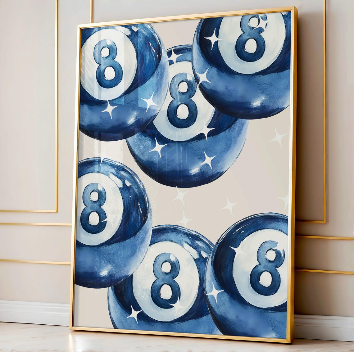 Blue Eight Ball Cluster Watercolor Pool Poster with Sparkles Retro - Image 5