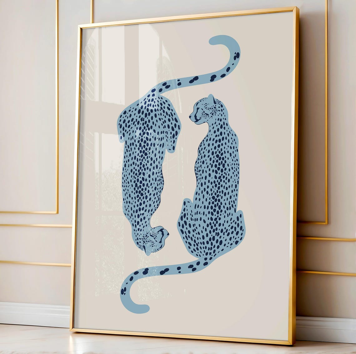 Blue Leopard Pair Stylized Spotted Big Cats Minimalist Poster - Image 3