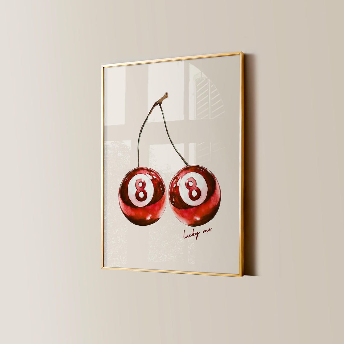 Lucky Me Red Cherry Eight Ball Watercolor Poster Retro Dopamine Art - Image 3
