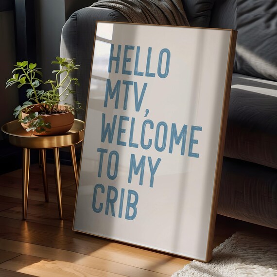 Hello Mtv Print Light Blue Aesthetic Room Decor Eclectic Wall Art Typography Print Funny Wall Art Maximalist Wall Art Hallway Prints