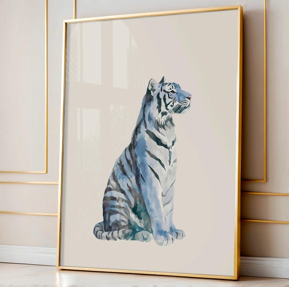 Blue Watercolor Tiger Sitting Wild Animal Minimalist Cream Background Poster